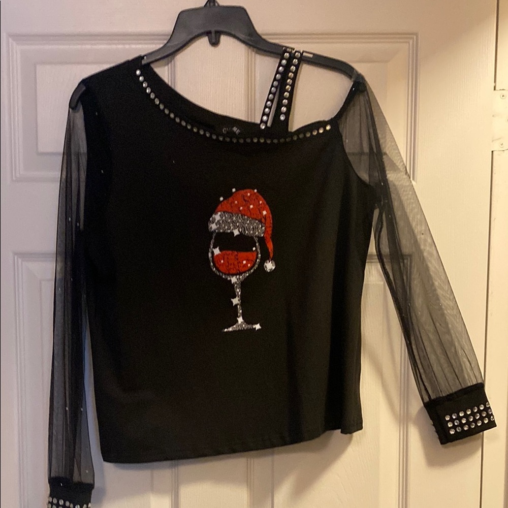 Black and Red Asymmetrical Embellished Blouse